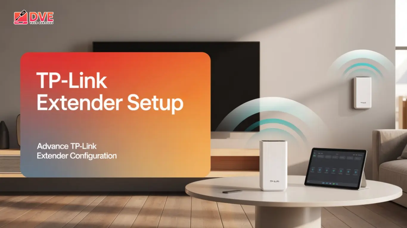Install WiFi Extender – TP-Link extender setup shown in a modern living room with wireless signal range visualization.