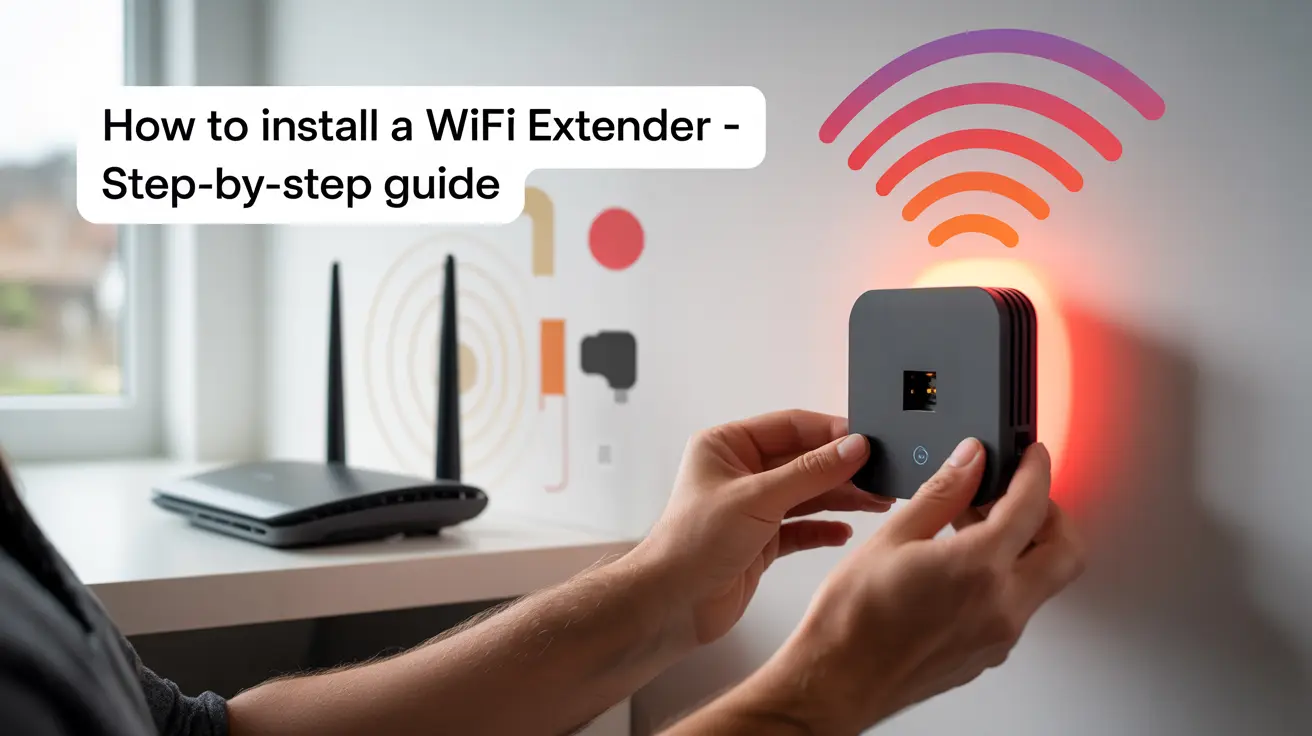 Install WiFi Extender – person mounting a compact WiFi extender on a wall with wireless signals shown connecting to a nearby router.