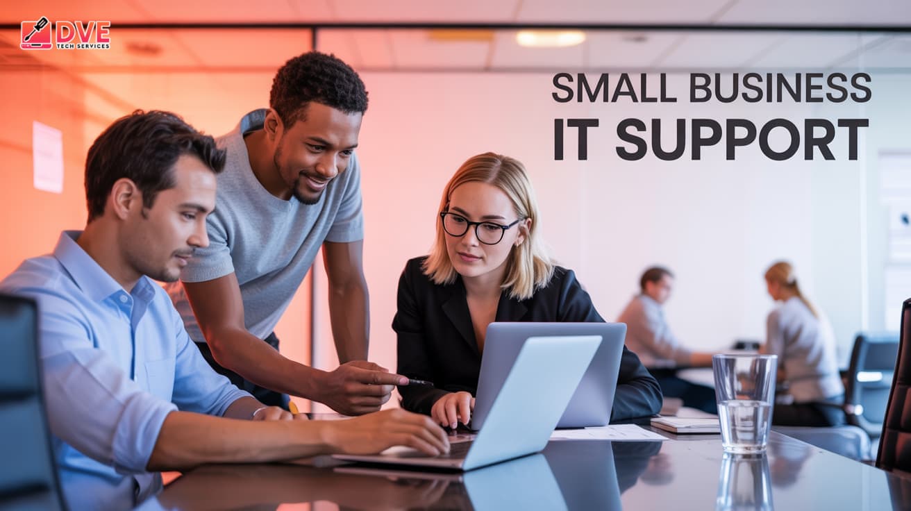 Small Business IT Support team meeting with laptops in office setting