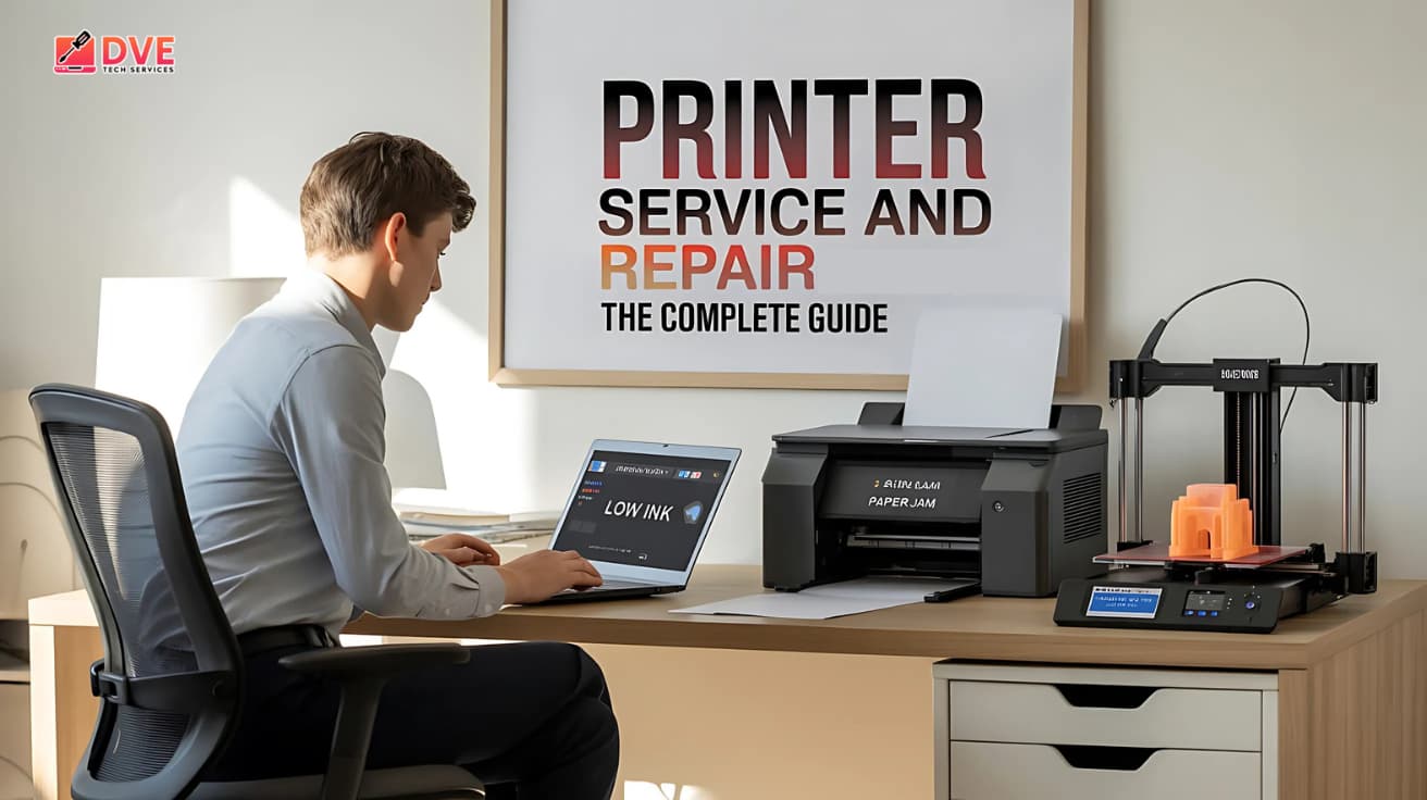 printer service and repair — man at desk with laptop showing "LOW INK", surrounded by printer equipment and a poster titled "PRINTER SERVICE AND REPAIR: THE COMPLETE GUIDE"