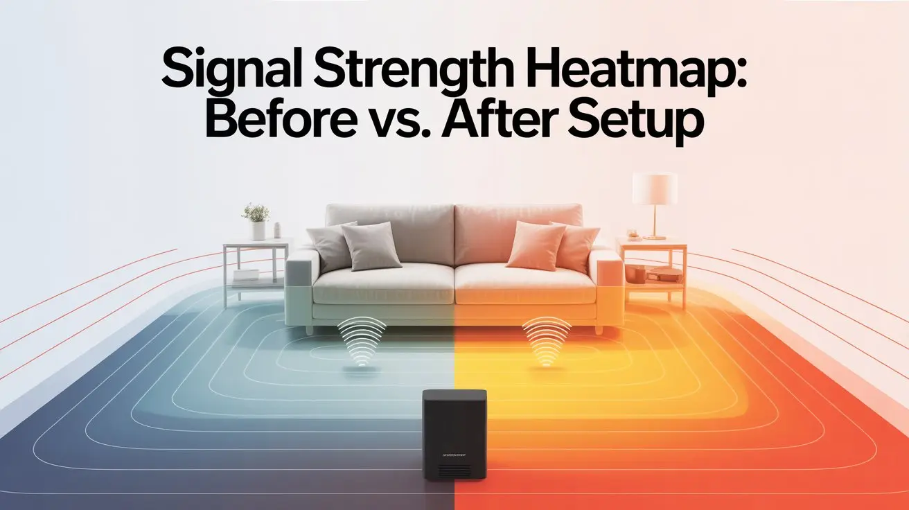 signal strength heatmap – WiFi signal coverage before and after extender setup visualized in a living room diagram
