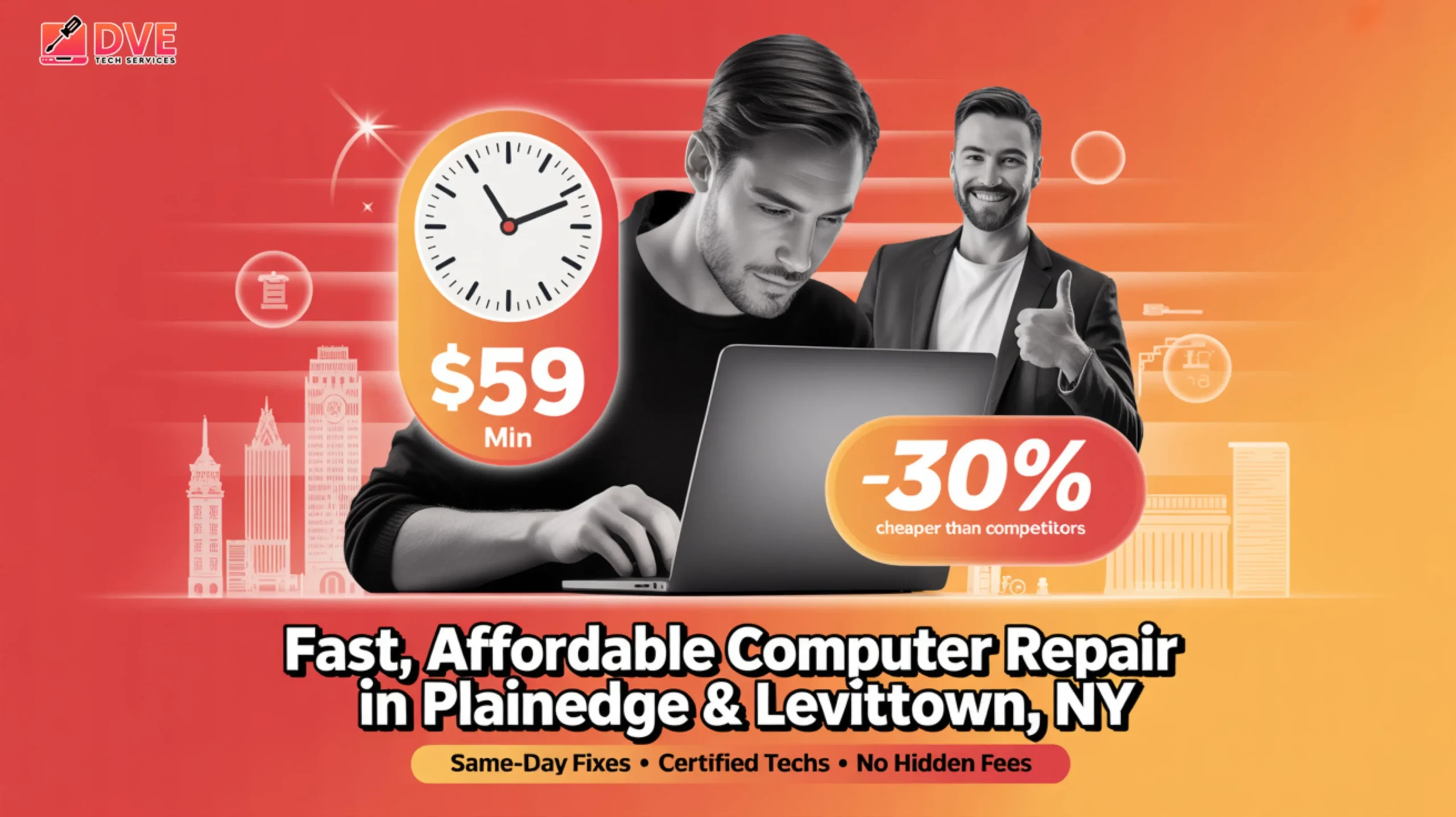 Affordable Computer Repair promotion in Plainedge and Levittown with same-day fixes, $59 price, and 30% savings.