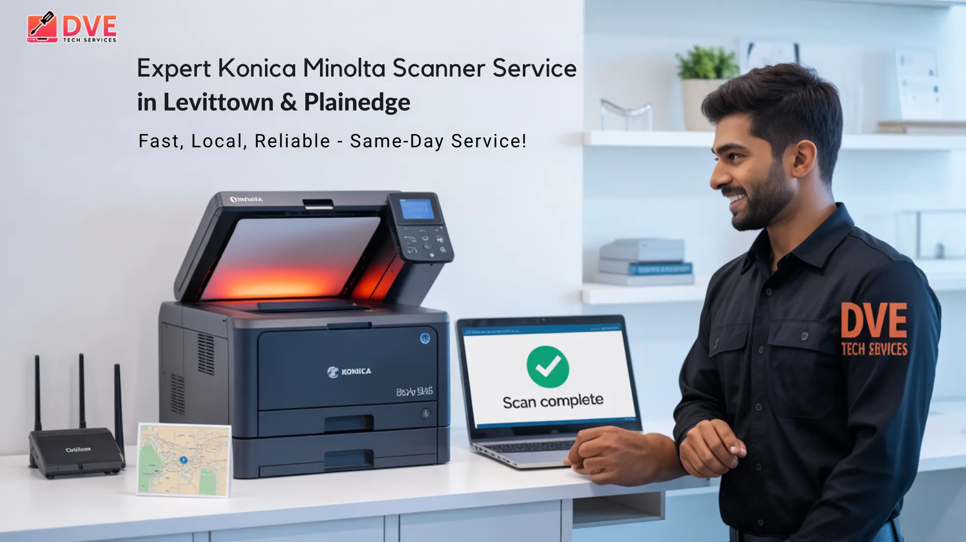 setup scanner konica minolta with technician and scan complete screen
