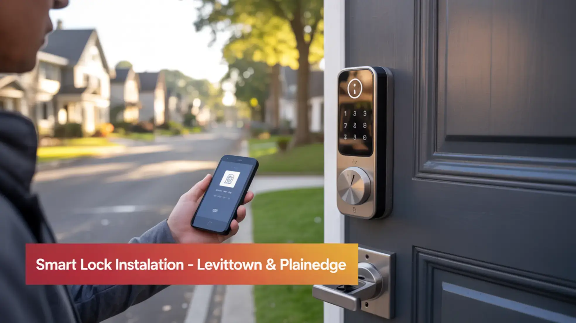 Smart Lock Installation in Plainedge, Levittown – smartphone unlocking keypad door in residential neighborhood