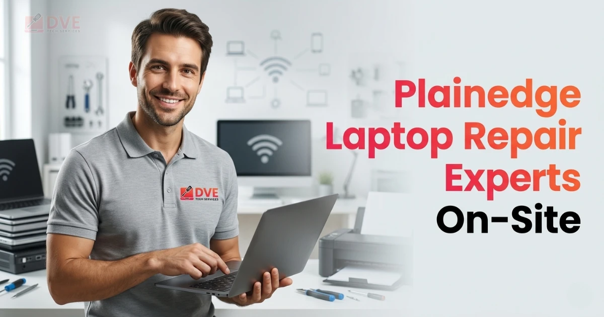Smiling DVE Tech Services technician in a gray polo repairing a laptop in a bright Plainedge office, showcasing the Best Laptop Repair in Plainedge service.