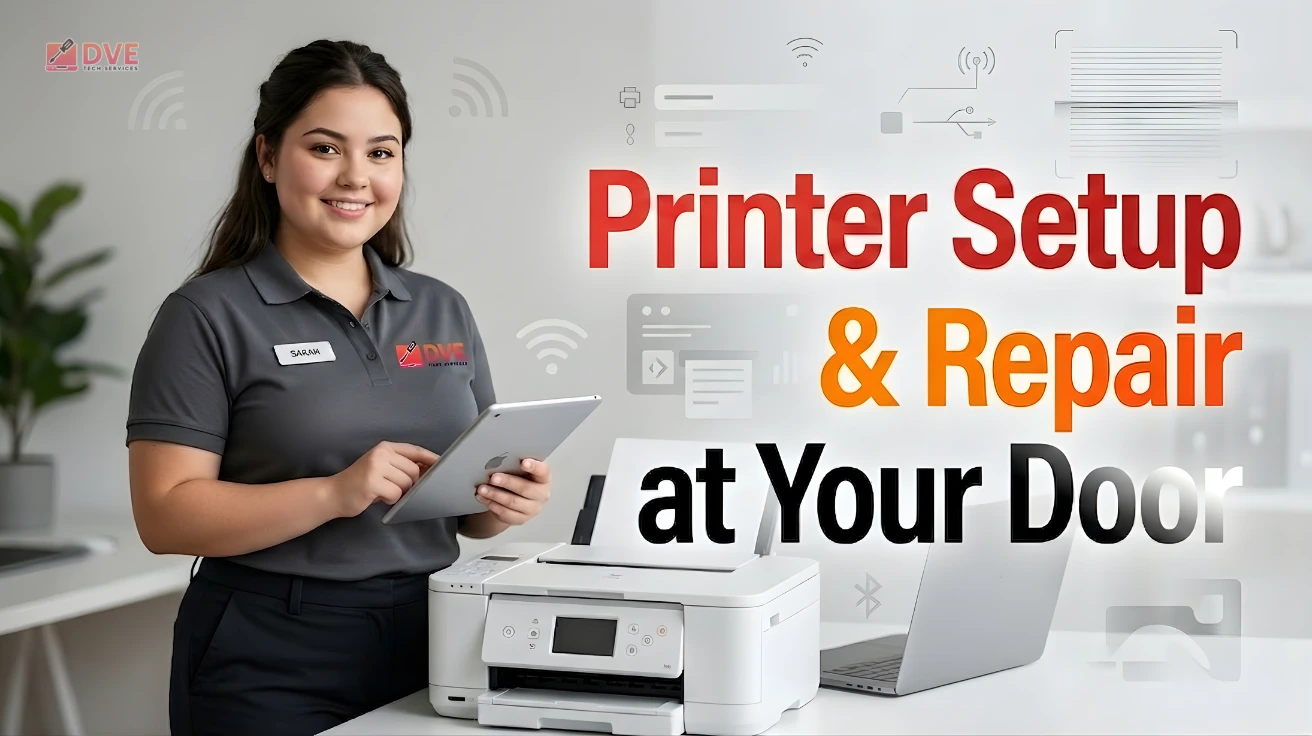 Young woman technician holding a tablet performing brother printer setup in North Wantagh, with laptop, printer, and tech graphics in a modern office