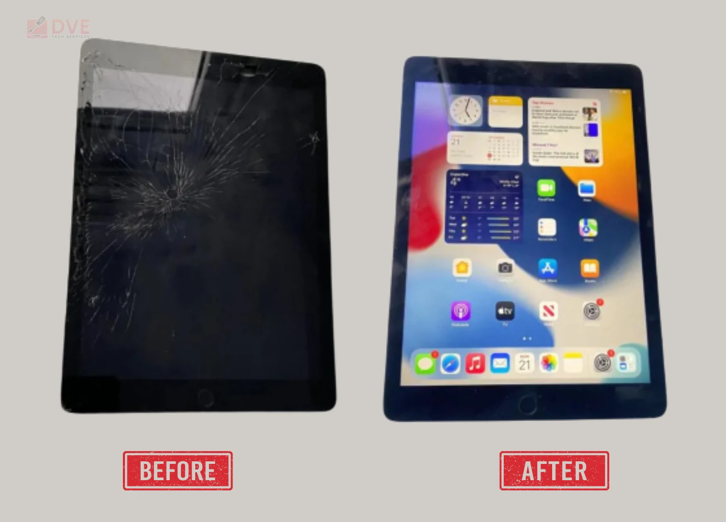 Before and after view of cracked tablet screen repair, showing a damaged tablet screen replaced with a clear, fully restored display