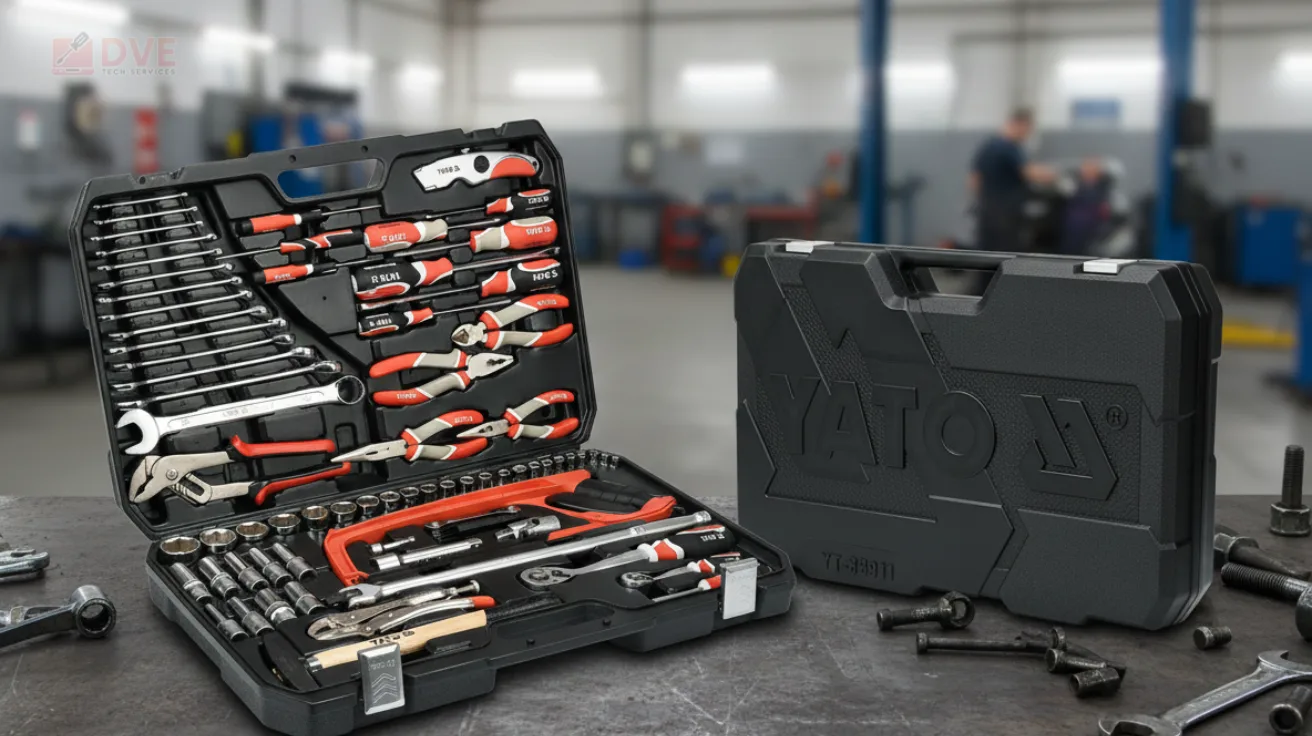 Professional tools and equipment arranged for fire tablet repair on a workbench in a workshop setting