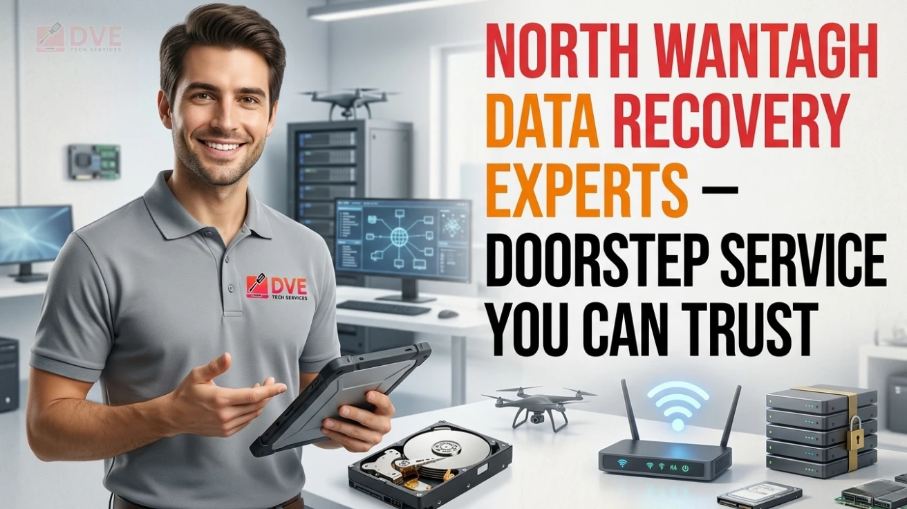 Smiling North Wantagh technician holding a tablet in a modern office, showing data recovery service near me with server racks, hard drives, and tech equipment in the background.
