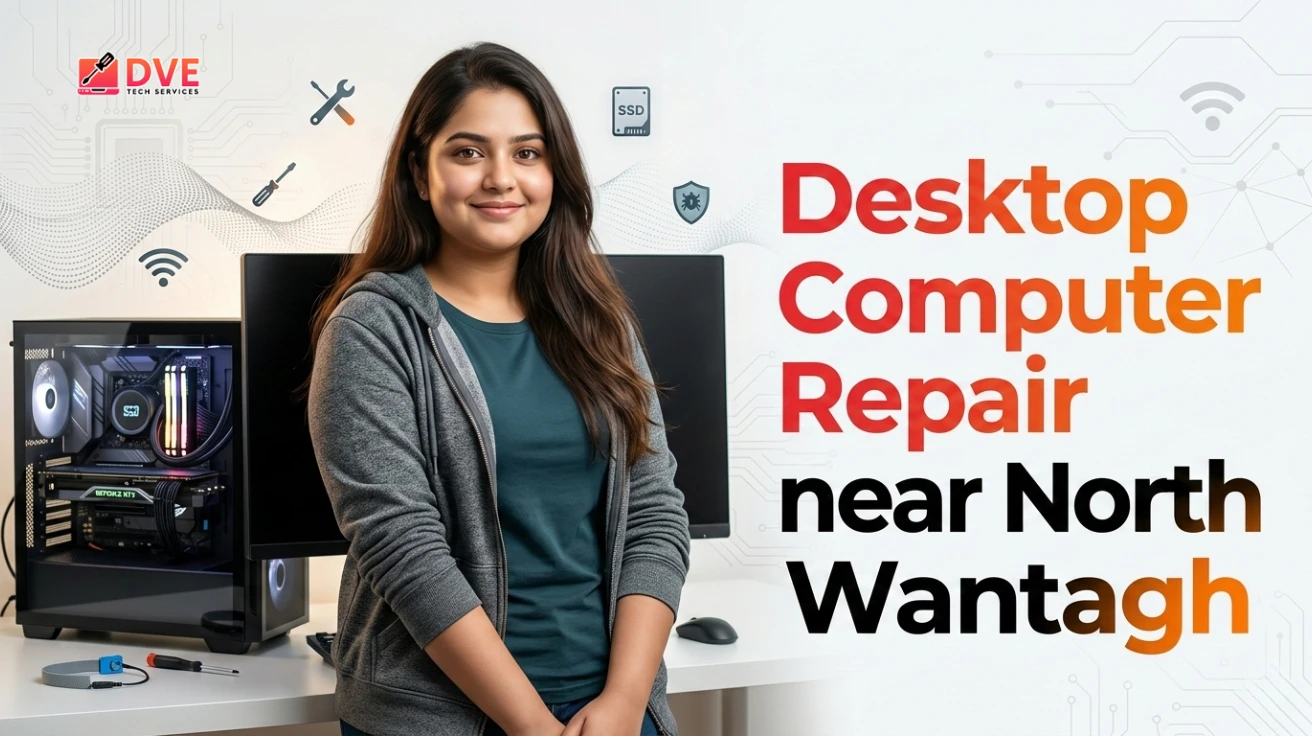 Young technician standing beside an open desktop PC with tools and monitor, promoting Desktop Computer Repair near North Wantagh with visible components and repair icons.