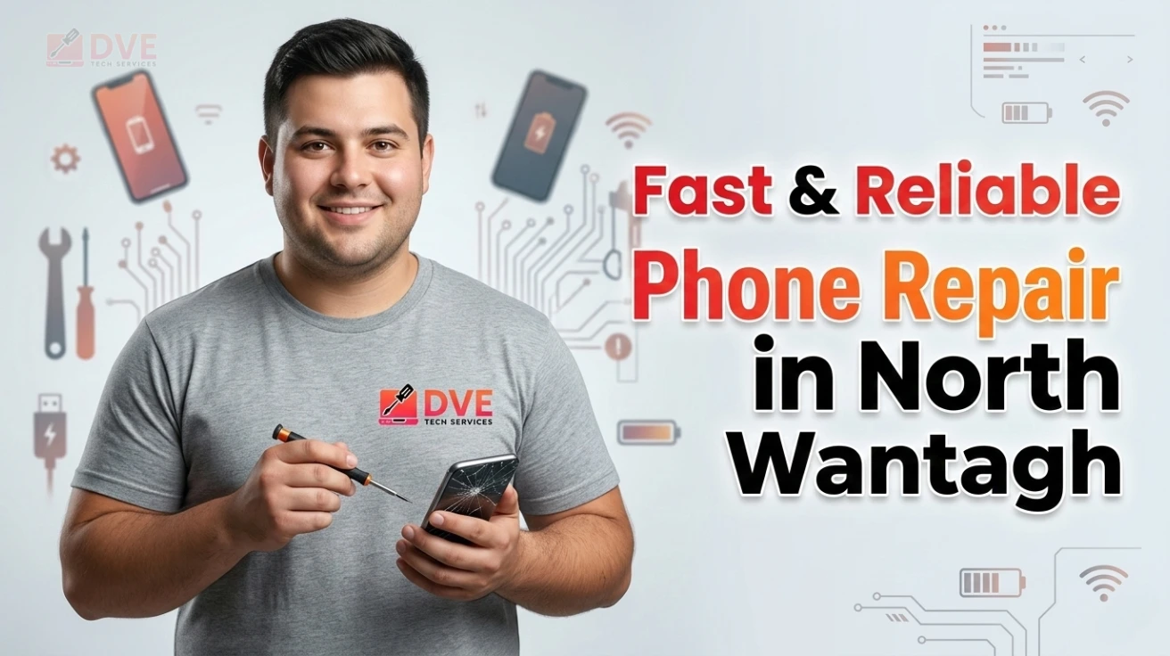Smiling technician holding a cracked smartphone during cpr cell phone repair near me service, showing fast local phone repair, screen fixes, and affordable repair solutions in North Wantagh.
