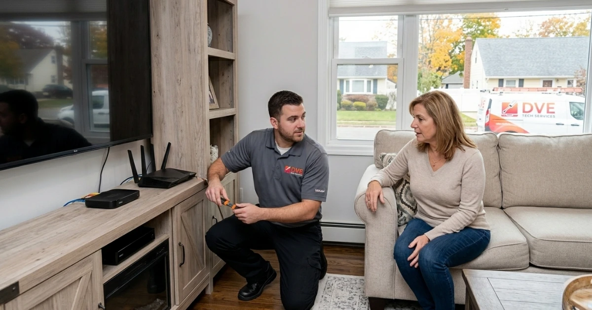 Technician showing homeowner how to install wifi extender during onsite service in North Wantagh home