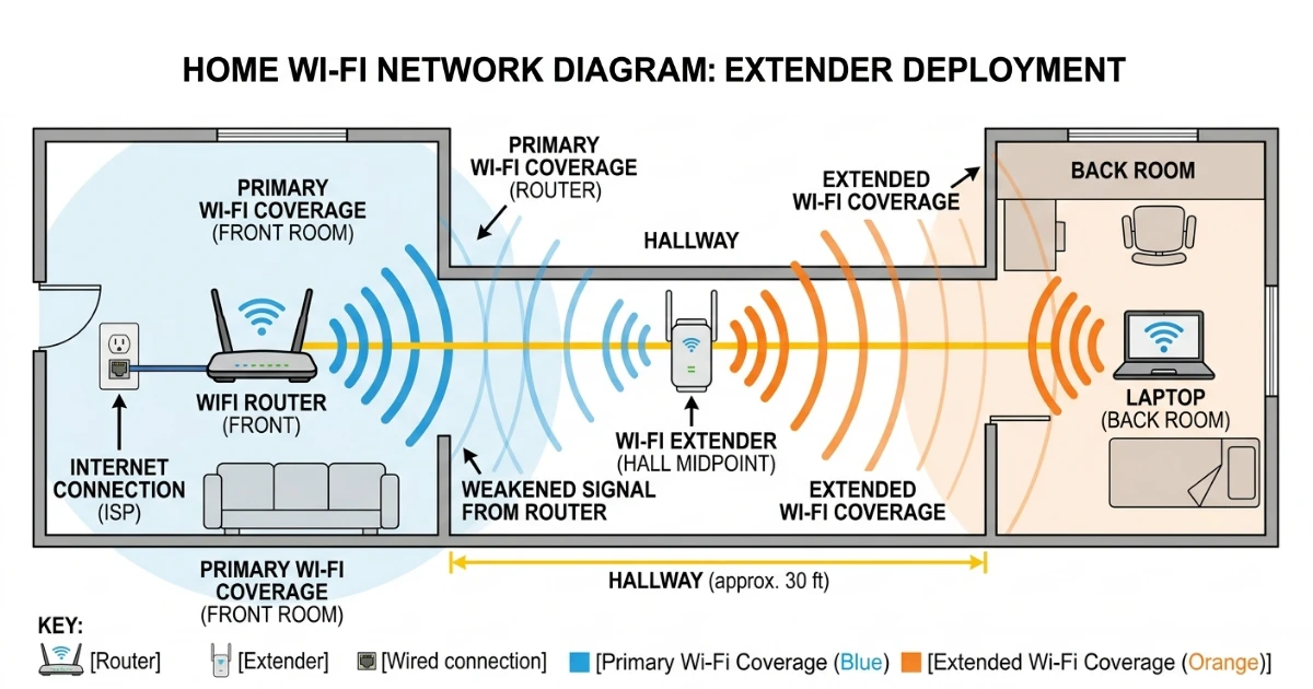 Diagram showing how to install a wifi extender between router and weak signal areas to improve home network coverage