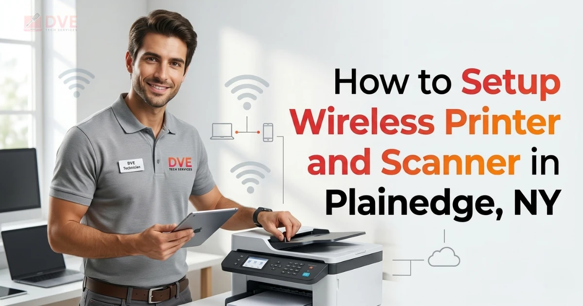 Technician demonstrating how to setup wireless printer and scanner with laptop and mobile devices in a professional home service environment