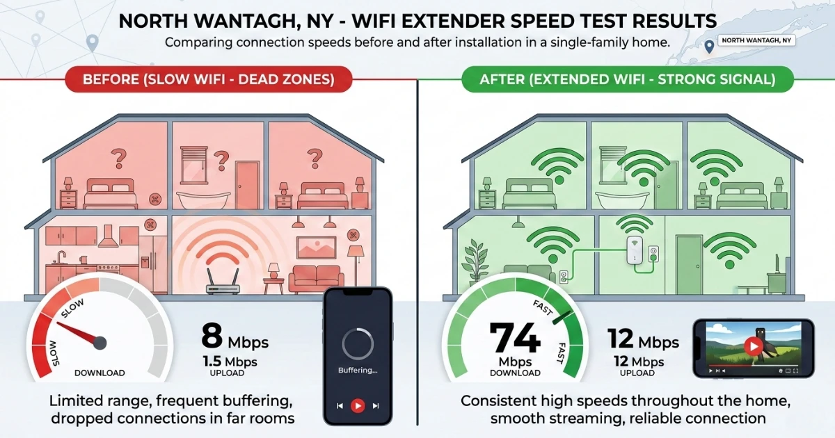 Before and after comparison showing how install wifi extender improves signal strength speed and removes dead zones in a home