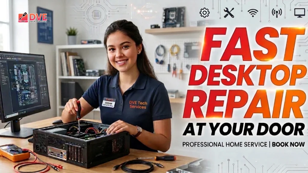 Technician providing in home computer repair services near me, working on an open desktop computer tower with tools and motherboard schematics, smiling confidently in a professional home office setup.