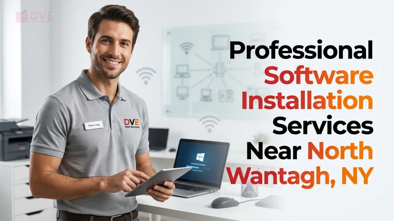 Technician providing software installation services near North Wantagh, NY while installing software on a laptop with a tablet, showing a professional software installation guide setup.