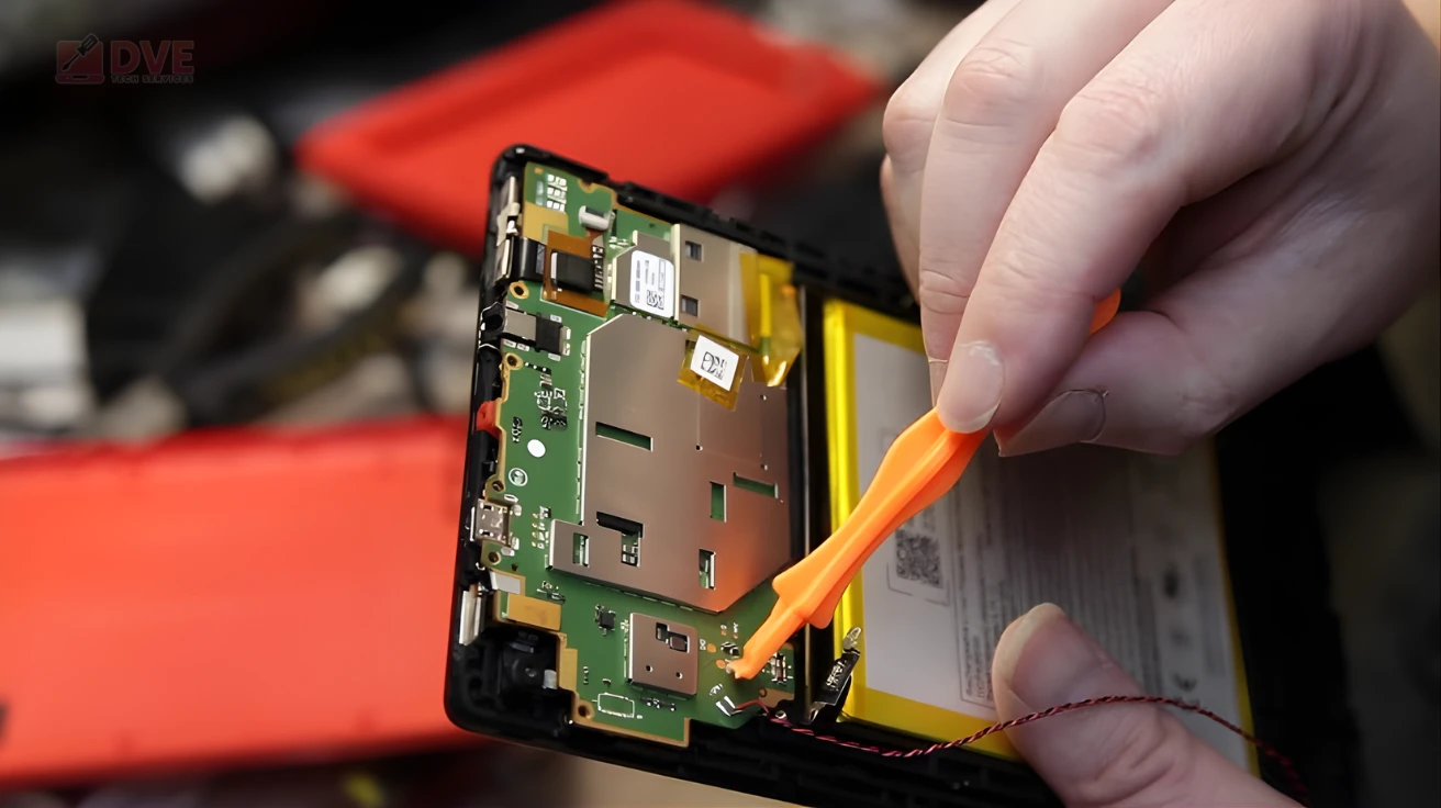 Close-up of hands performing fire tablet repair near me, carefully fixing internal components and battery on an open device