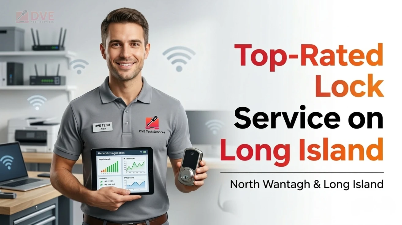 Friendly DVE Tech Services technician demonstrating a modern smart door lock installation service in North Wantagh & Long Island, holding a tablet with network diagnostics in a clean professional workspace.