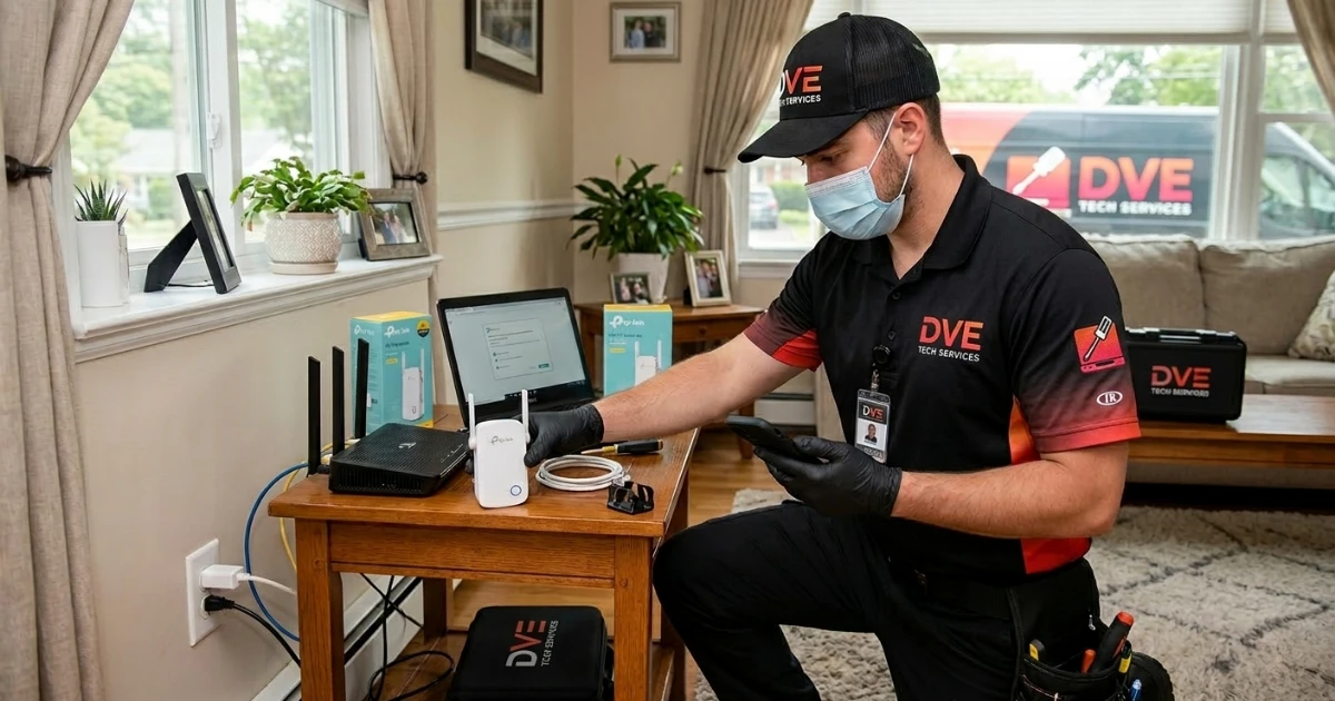 DVE technician kneeling in a home, setting up a Wi-Fi extender on a black router with two antennas, demonstrating where to install wifi extender for optimal coverage, with devices and family photos in the background.