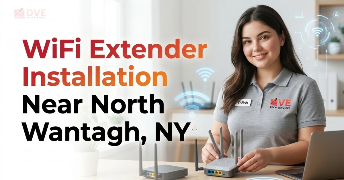 Professional technician holding a router during wifi extender installation in a modern home office near North Wantagh NY