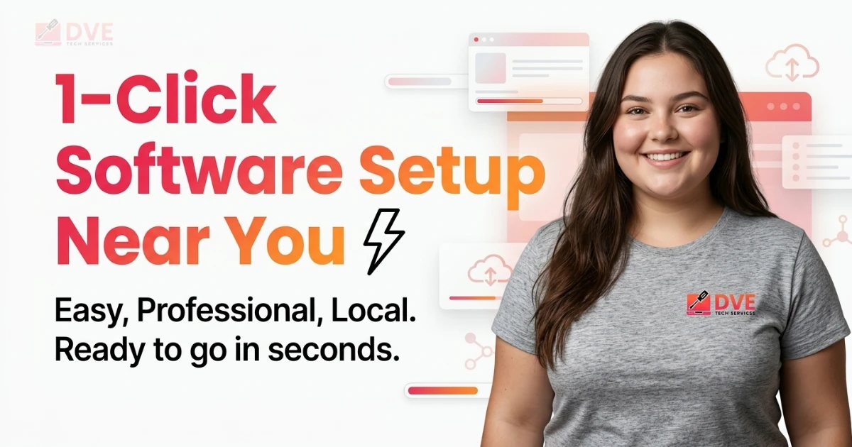 Smiling technician helping customers install software with fast 1-click setup, showing easy and professional software installation services in Plainedge