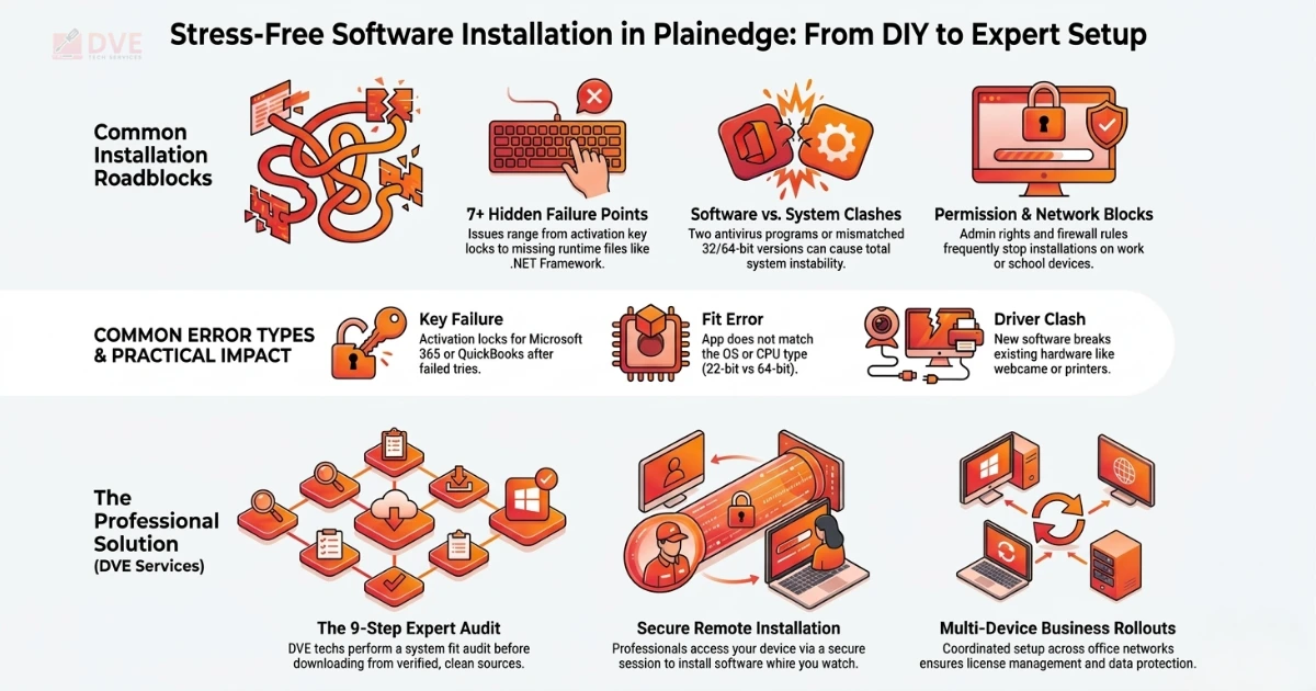Infographic showing how to install software by highlighting common errors, system clashes, and expert solutions including remote software installation and multi-device setup services.