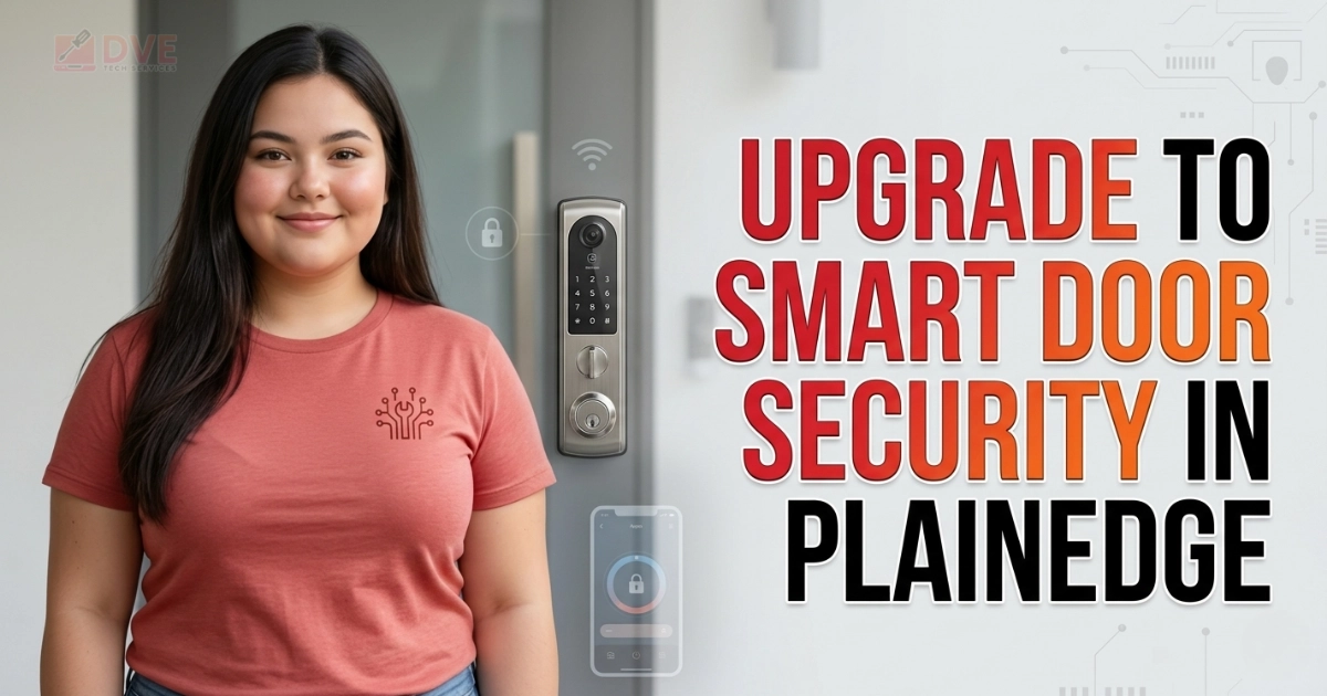 Smart Door Lock Installation in Plainedge with a smiling woman beside a modern smart lock, keypad, and mobile app showing secure smart home access