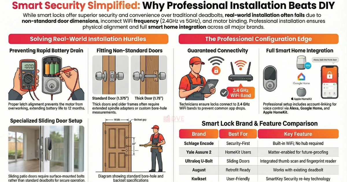 Smart door lock installation infographic showing professional setup benefits, battery optimization, door fitting, WiFi connection, and smart home integration